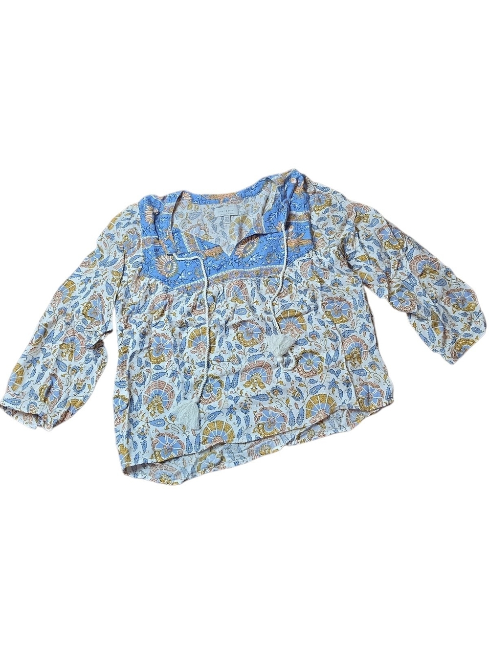 LUCKY BRAND | Boho Peasant Tassel‎ Tie Floral Paisley Blouse Flowy Viscose | M - Picture 2 of 8